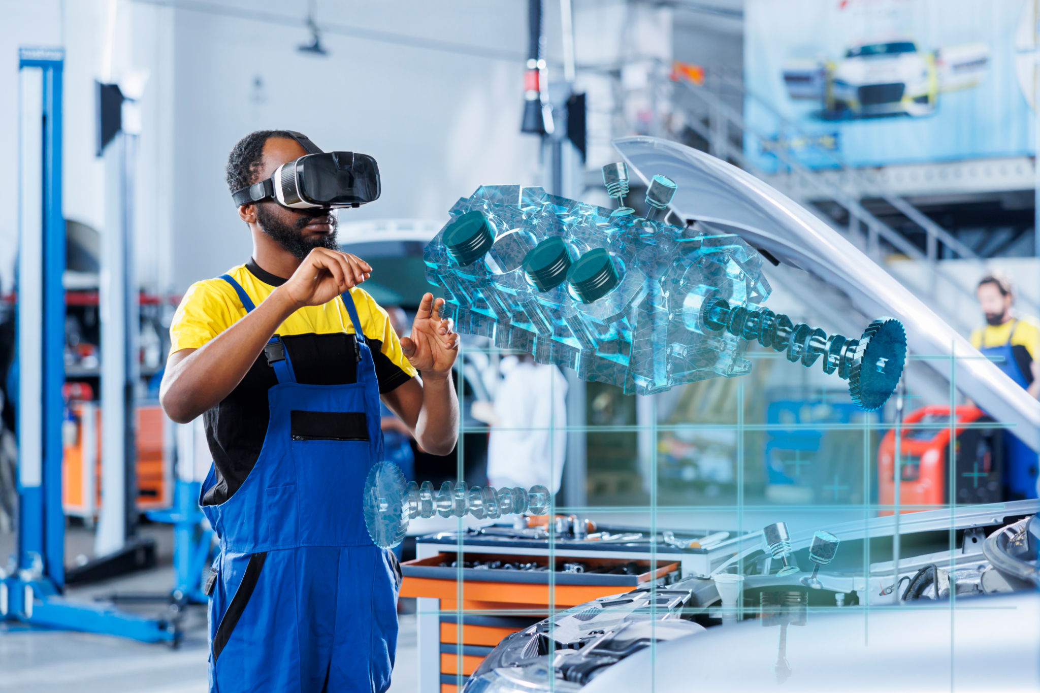 Employee checks car engine with AR Employee checks car engine with AR
