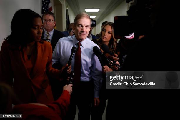 House Judiciary Committee Chairman Jim Jordan talks to reporters as he heads from his office in the Rayburn House Office Building to the U.S. Capitol...