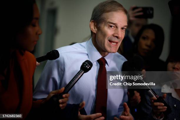 House Judiciary Committee Chairman Jim Jordan talks to reporters as he heads from his office in the Rayburn House Office Building to the U.S. Capitol...