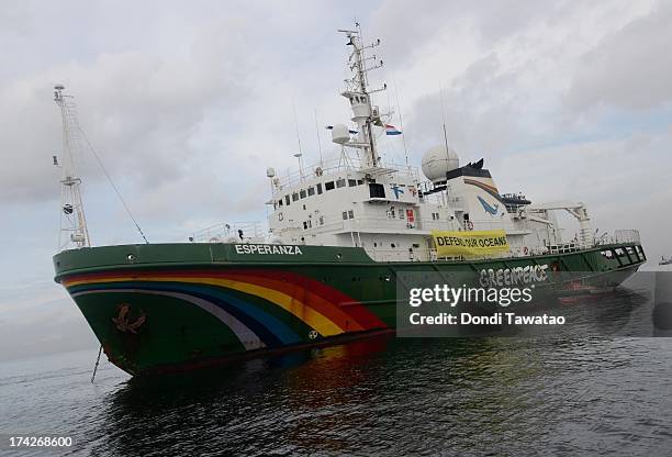 The Greenpeace ship, Esperanza lie in waters off Manila Bay on July 23, 2013 in Manila, Philippines. Water sampling conducted by scientists from the...