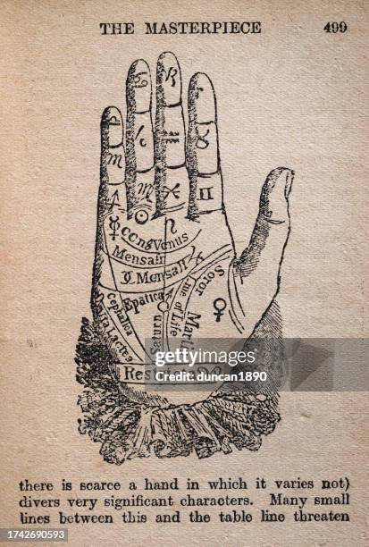 ilustraciones, imágenes clip art, dibujos animados e iconos de stock de la quiromancia es la práctica de la adivinación a través del estudio de la palma, la ilustración de la historia de la vendimia - adivinación