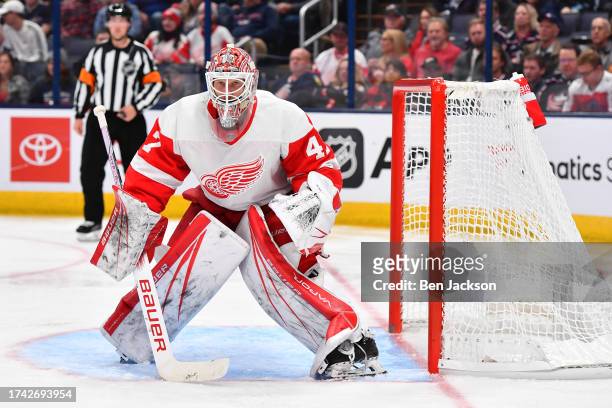 Goaltender James Reimer of the Detroit Red Wings defends the net during the third period of a game against the Columbus Blue Jackets at Nationwide...