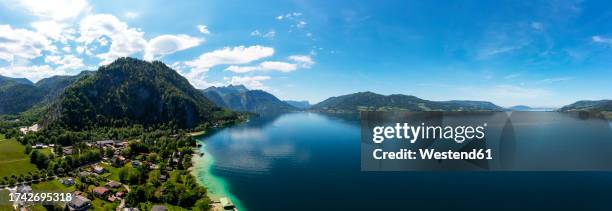austria, upper austria,weissenbacham attersee, drone panorama of lake atter and surrounding village in summer - attersee stock pictures, royalty-free photos & images