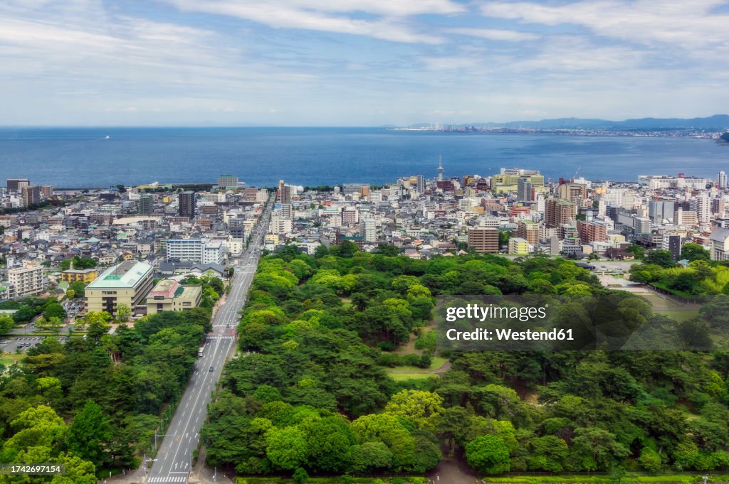 Japan, Oita Prefecture, Beppu, Aerial view of city on Kyushu island