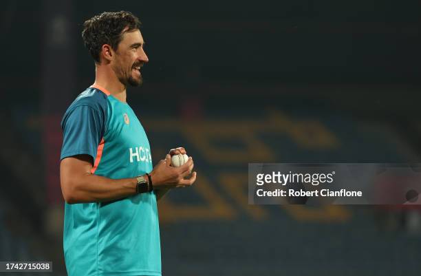 Mitchell Starc of Australia prepares to bowl during an Australian training session at the ICC Men's Cricket World Cup India 2023 at M. Chinnaswamy...