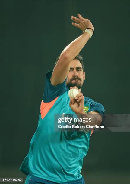 Mitchell Starc of Australia prepares bowlsduring an Australian training session at the ICC Men's Cricket World Cup India 2023 at M. Chinnaswamy...