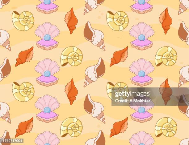 seashell and pearl repeating pattern texture. - oyster pearl stock illustrations