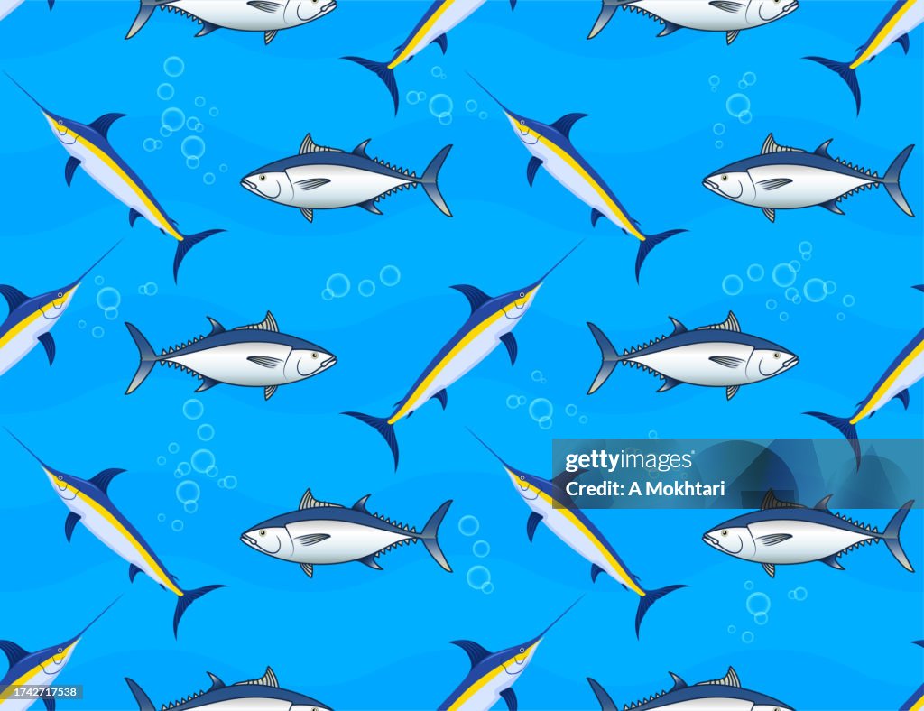 Repeating pattern texture of tuna and swordfish fish.