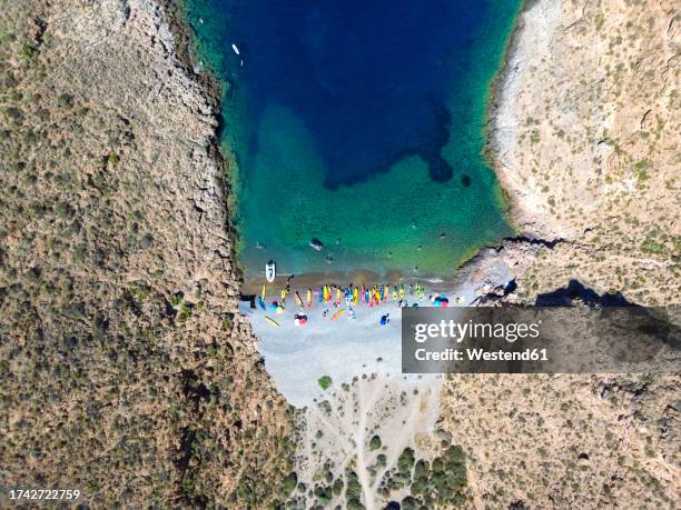 spain, murcia, la azohia, aerial view of cala cerrada beach in summer - murcia stock pictures, royalty-free photos & images