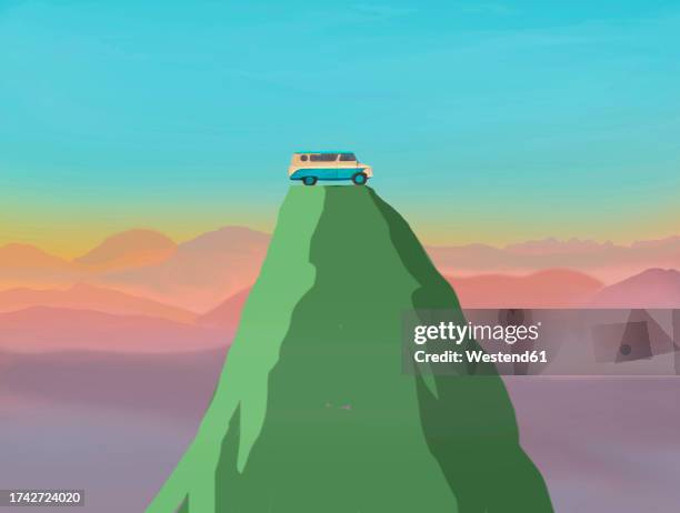 illustration of van standing on mountaintop - car on top of mountain stock illustrations