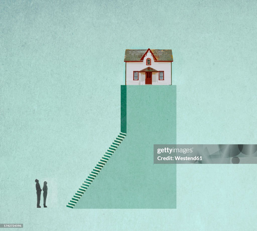 Illustration of two people looking at inaccessible house