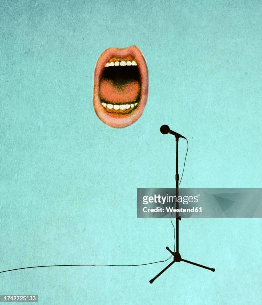 illustration of mouth talking into microphone - microphone mouth stock-grafiken, -clipart, -cartoons und -symbole