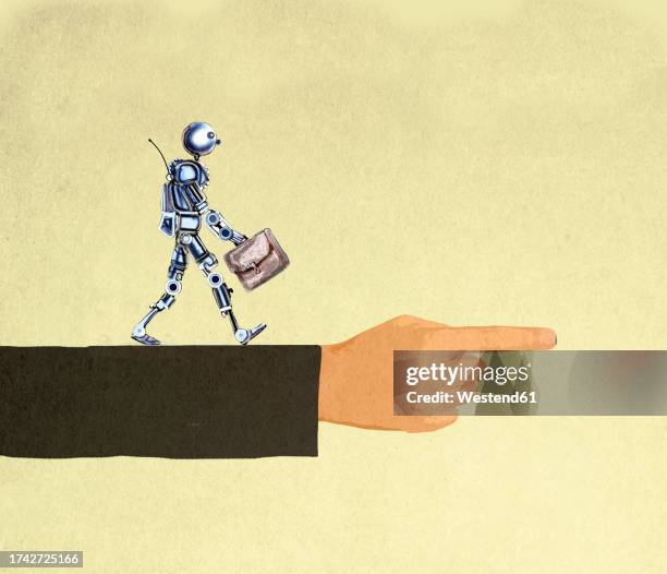 illustration of humanoid robot carrying briefcase along large pointing arm - classification stock illustrations