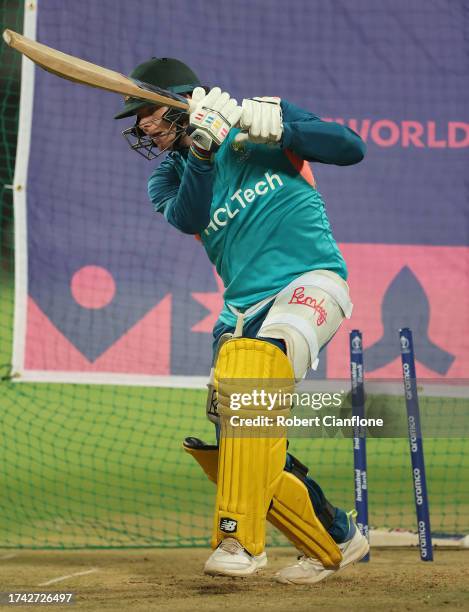 Steve Smith of Australia bats during an training session at the ICC Men's Cricket World Cup India 2023 at M. Chinnaswamy Stadium on October 18, 2023...