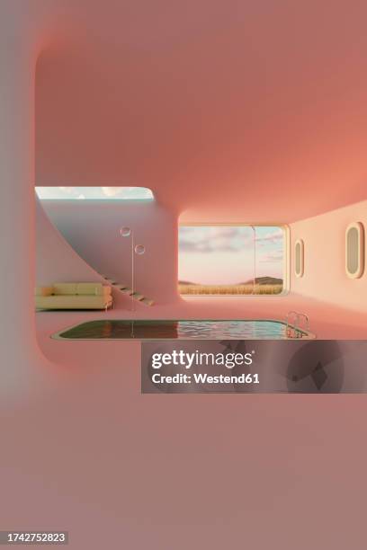 3d Render Of Minimalistic Interior With Swimming Pool In Center High ...