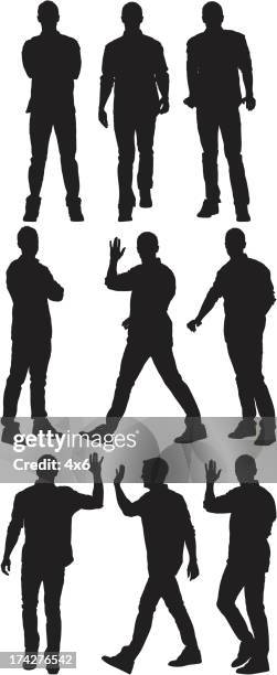multiple silhouette of a man in different poses - standing sign white background stock illustrations
