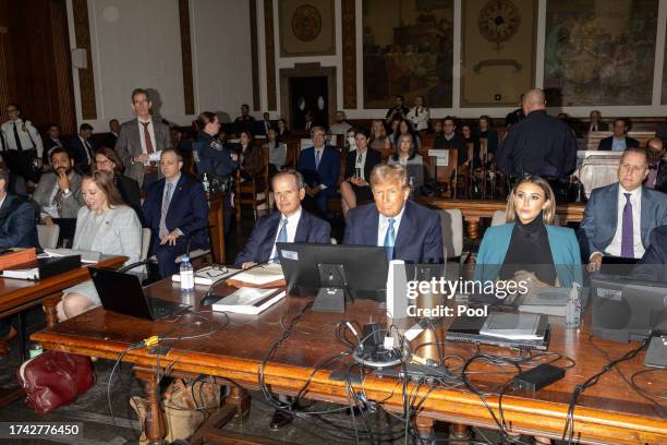 Former President Donald Trump sits in the courtroom during his civil fraud trial at New York State Supreme Court on October 18, 2023 in New York...