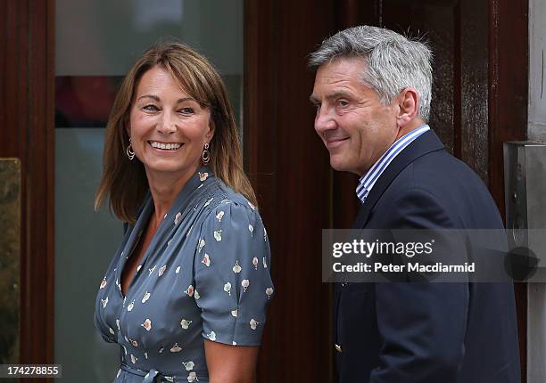 Carole and Michael Middleton arrive at The Lindo Wing to visit their daughter Catherine, Duchess Of Cambridge and her newborn son on July 23, 2013 in...