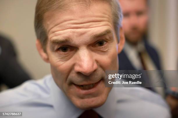 House Judiciary Committee Chairman Jim Jordan walks through a hallway at the U.S. Capitol on October 18, 2023 in Washington, DC. Jordan failed in his...