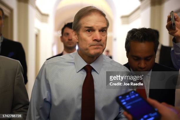 House Judiciary Committee Chairman Jim Jordan walks through a hallway at the U.S. Capitol on October 18, 2023 in Washington, DC. Jordan failed in his...