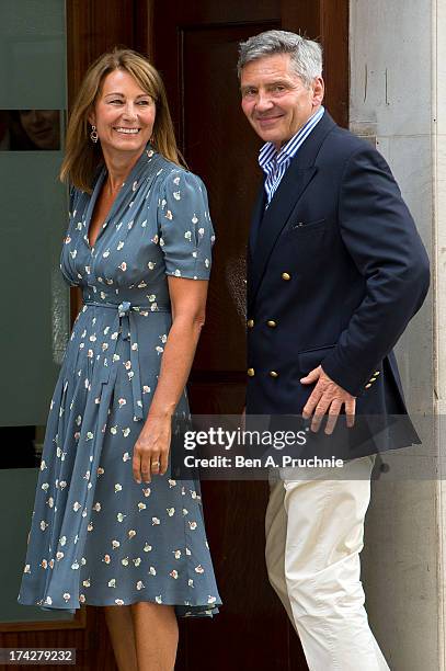 Carole and Michael Middleton arrive at The Lindo Wing after visiting Catherine, Duchess Of Cambridge and her newborn son at on July 23, 2013 in...