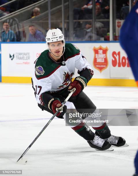 Nick Bjugstad of the Arizona Coyotes skates against the New York Islanders at UBS Arena on October 17, 2023 in Elmont, New York.