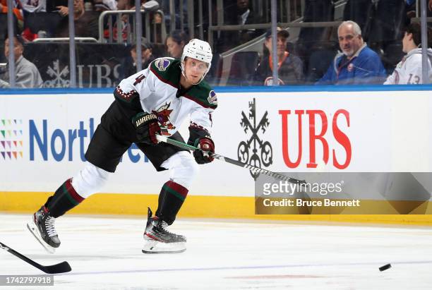 Juuso Valimaki of the Arizona Coyotes skates against the New York Islanders at UBS Arena on October 17, 2023 in Elmont, New York.