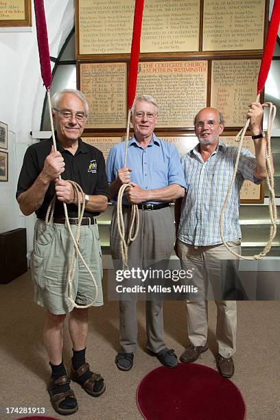 Bell ringers Chris Rogers, Clark Walters and Alan Frost pose prior to ringing a Peal Composition of Cambridge Surprise Royal at Westminster Abbey on...