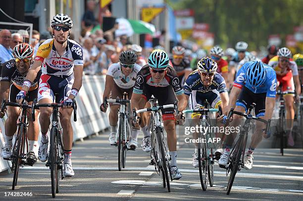 Lotto - Belisol Belgian Kenny Dehaes wins the sprint at the finish line of the fourth stage of the Tour De Wallonie cycling race between Andenne and...