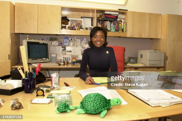 Portrait of American businesswoman and Ariel Investments President & co-CEO Mellody Hobson as she poses behind a desk in her office, Chicago,...