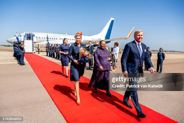 King Willem-Alexander of The Netherlands and Queen Maxima of The Netherlands arrive at the Waterkloof Air Force base at the start of the three day...