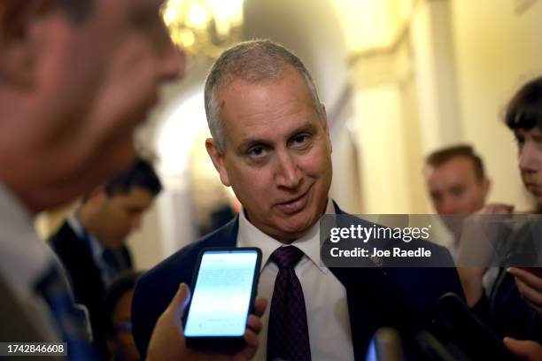 Rep. Mario Diaz-Balart speaks to reporters as he walks to the House Chambers in the U.S. Capitol on October 18, 2023 in Washington, DC. House...