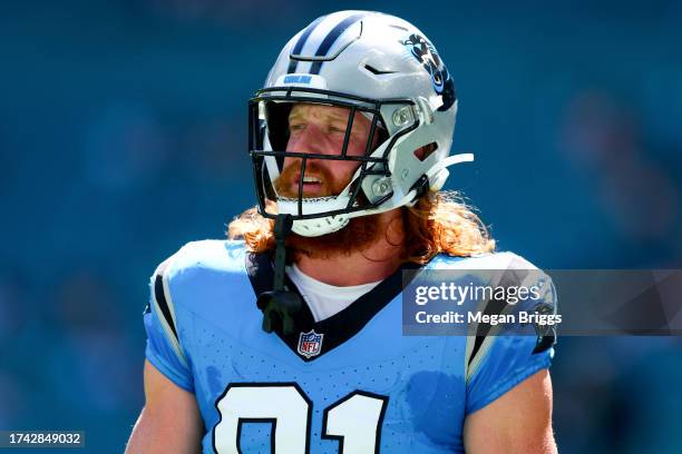 Hayden Hurst of the Carolina Panthers warms up prior to a game against the Miami Dolphins at Hard Rock Stadium on October 15, 2023 in Miami Gardens,...