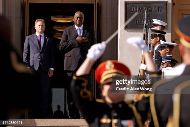 Secretary of Defense Lloyd Austin welcomes Secretary of State for Defense Grant Shapps of the United Kingdom to the Pentagon during an enhanced honor...