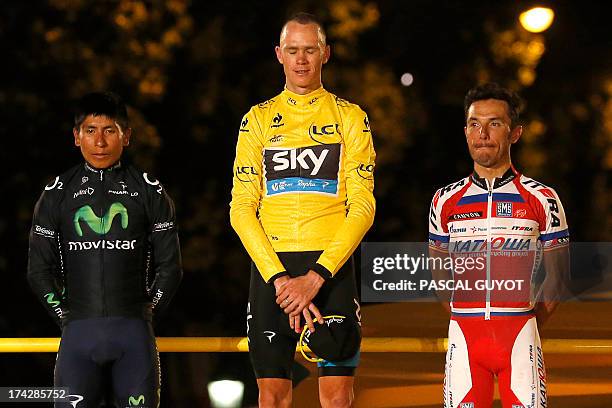 Tour de France 2013 winner Britain's Christopher Froome , second-placed in the overall standings and best climber's polka dot jersey Colombia's Nairo...