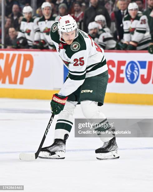 Jonas Brodin of the Minnesota Wild skates during the first period against the Montreal Canadiens at the Bell Centre on October 17, 2023 in Montreal,...