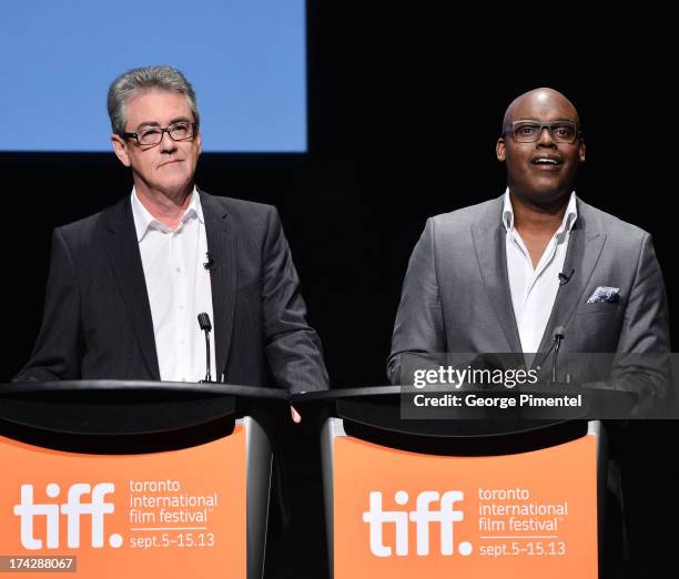 Of TIFF Piers Handling and Co-Director of TIFF Cameron Bailey attend the 2013 Toronto International Film Festival Opening Press Conference held at...