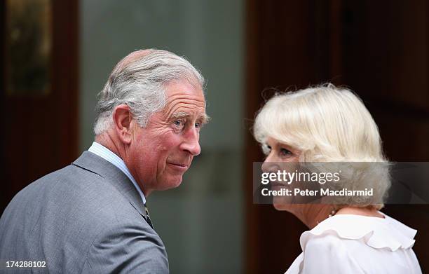 Prince Charles, Prince of Wales and Camilla, Duchess of Cornwall arrive at The Lindo Wing to visit The Duke and Duchess Of Cambridge and their...