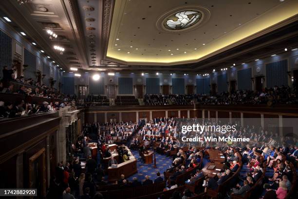 The House of Representatives meets as it holds its second day of Speaker of the House election at the U.S. Capitol on October 18, 2023 in Washington,...