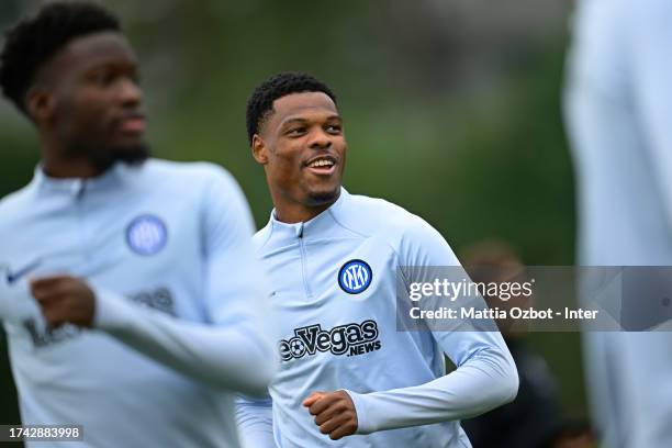 Denzel Dumfries of FC Internazionale in action during the FC Internazionale training session at the club's training ground Suning Training Center at...