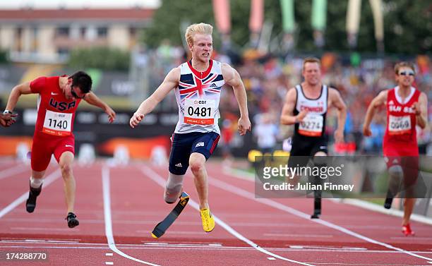 Jonnie Peacock of Great Britain wins the Men's 100m T44 final during day four of the IPC Athletics World Championships on July 23, 2013 in Lyon,...