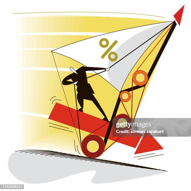 businessman surfing with a sailboat made up of percentage signs - eccentric stock illustrations