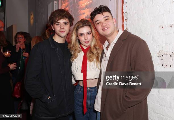 Jack Wolfe, Eleanor Worthington Cox and Jack Ofrecio attend the press night after party for "Clyde's" at the Donmar Warehouse on October 24, 2023 in...