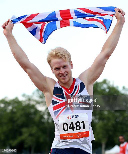 Jonnie Peacock of Great Britain celebrates winning the Men's 100m T44 final during day four of the IPC Athletics World Championships on July 23, 2013...