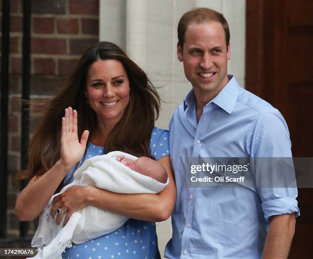 Prince William, Duke of Cambridge and Catherine, Duchess of Cambridge, depart The Lindo Wing with their newborn son at St Mary's Hospital on July 23,...