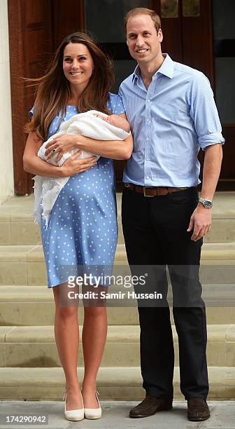 Prince William, Duke of Cambridge and Catherine, Duchess of Cambridge depart The Lindo Wing with their newborn son at St Mary's Hospital on July 23,...