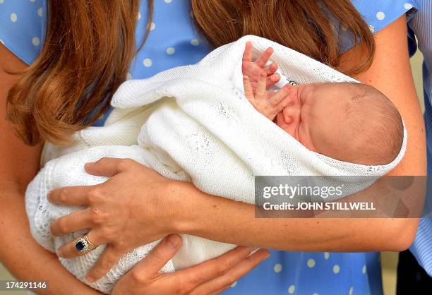 The safe hands of the Duchess of Cambridge hold her son outside the Lindo Wing of St Mary's Hospital in London on July 23, 2013. The baby was born on...