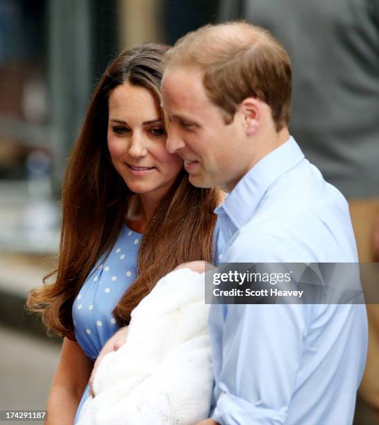 Prince William, Duke of Cambridge and Catherine, Duchess of Cambridge, depart The Lindo Wing with their newborn son at St Mary's Hospital on July 23,...