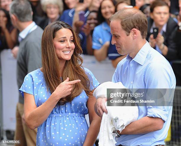 Catherine, Duchess of Cambridge and Prince William, Duke of Cambridge depart The Lindo Wing with their newborn son at St Mary's Hospital on July 23,...