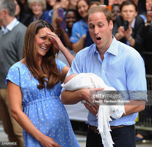 Catherine, Duchess of Cambridge and and Prince William, Duke of Cambridge depart The Lindo Wing with their newborn Son at St Mary's Hospital on July...